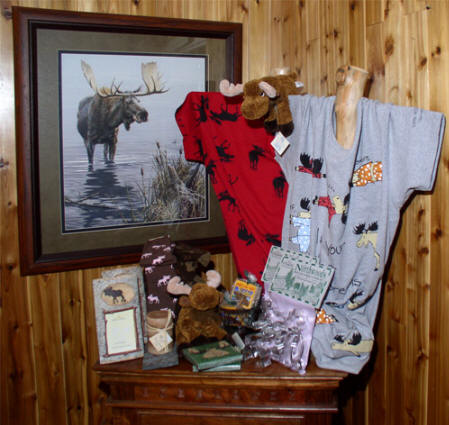 Moose Products: Cookie Cutters, Moose Picture Silent Waters, Slate Coaster, Plush Beanie Baby Style Moose, handcrafted juice soap, moose night shirts, moose birch frame